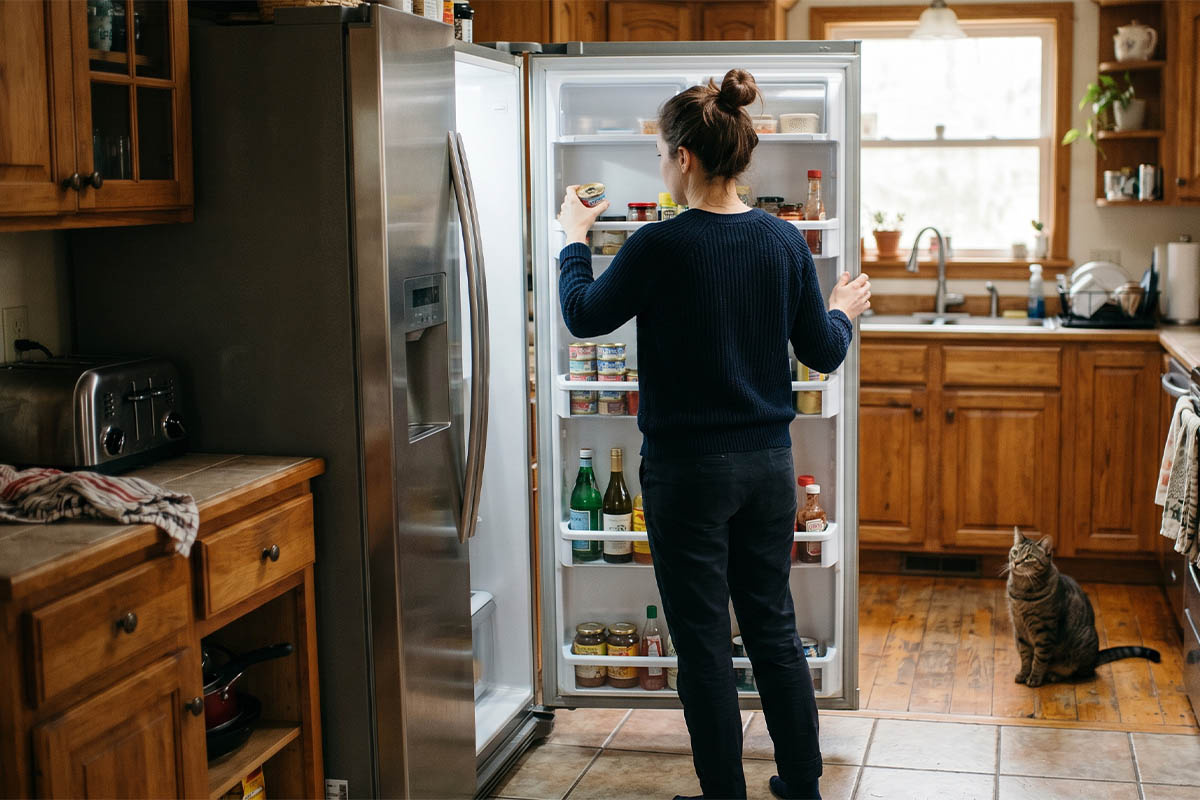 A woman opening the refrigerator and looking at the canned food in her hand, and the cat waiting