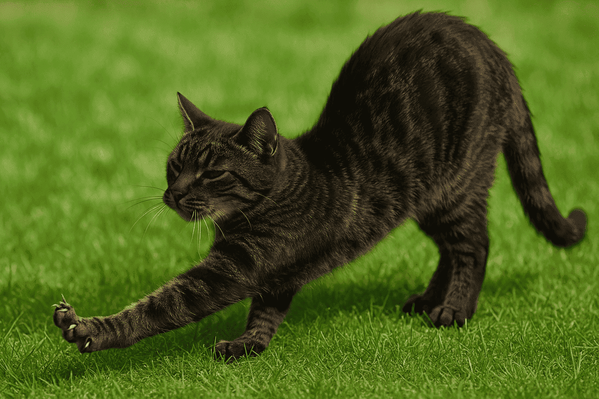 A cat stretching on the grass, with its back hunched