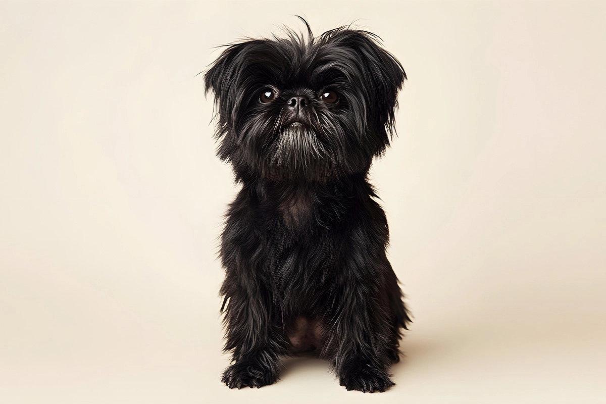 Small black breed dog sitting against a blank background