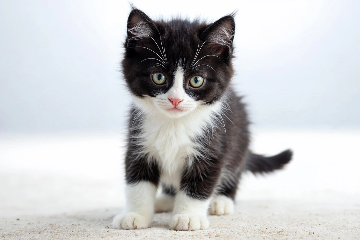 Kitten tuxedo cat standing on the litter box