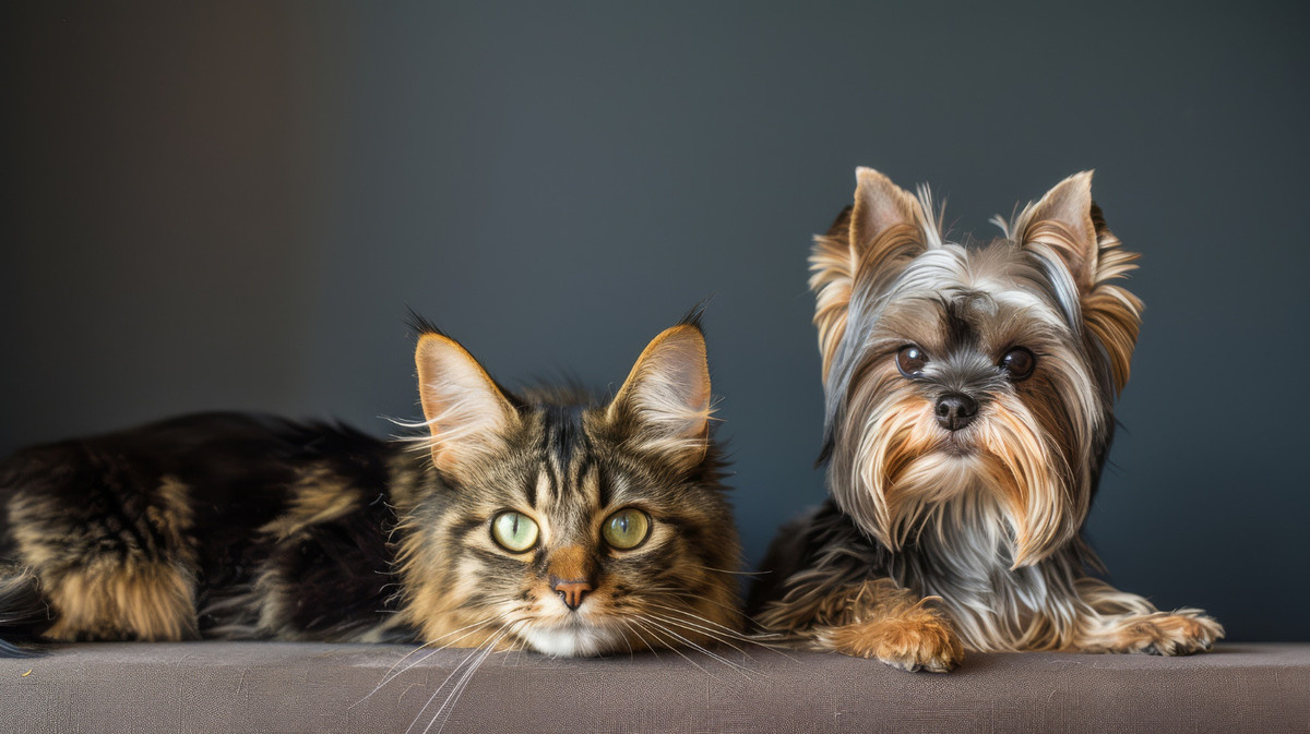 Yorkshire Terrier standing next to a cat Terrier