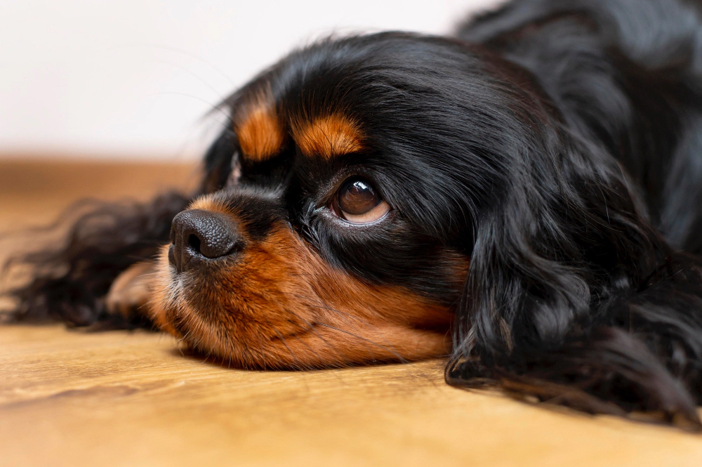 Cavalier King Charles Spaniel lying on the ground