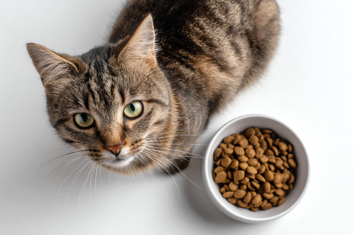 A tabby cat looking up next to its food