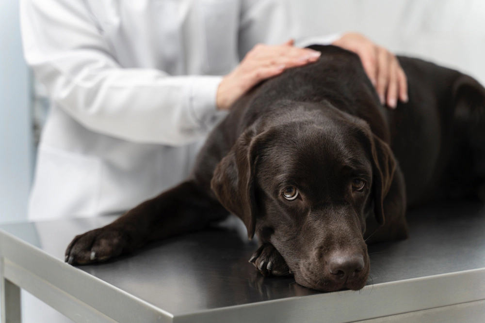 Large black dog being examined by a veterinarian