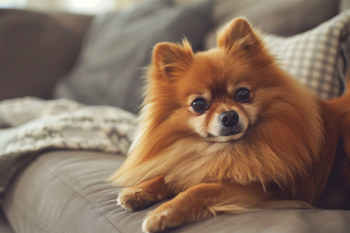 Pomeranian dog sitting on the sofa