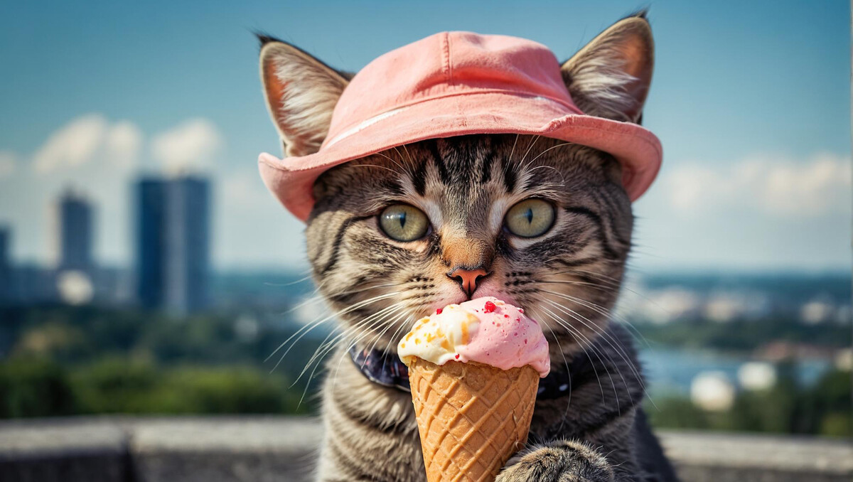 Cat with pink hat holding ice cream cone with its paw