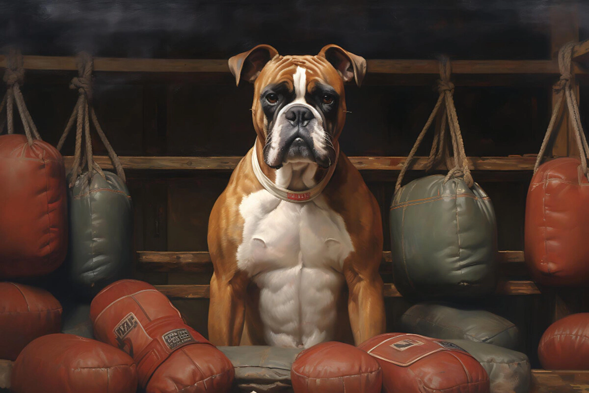 Muscular Boxer dog with sandbags behind it
