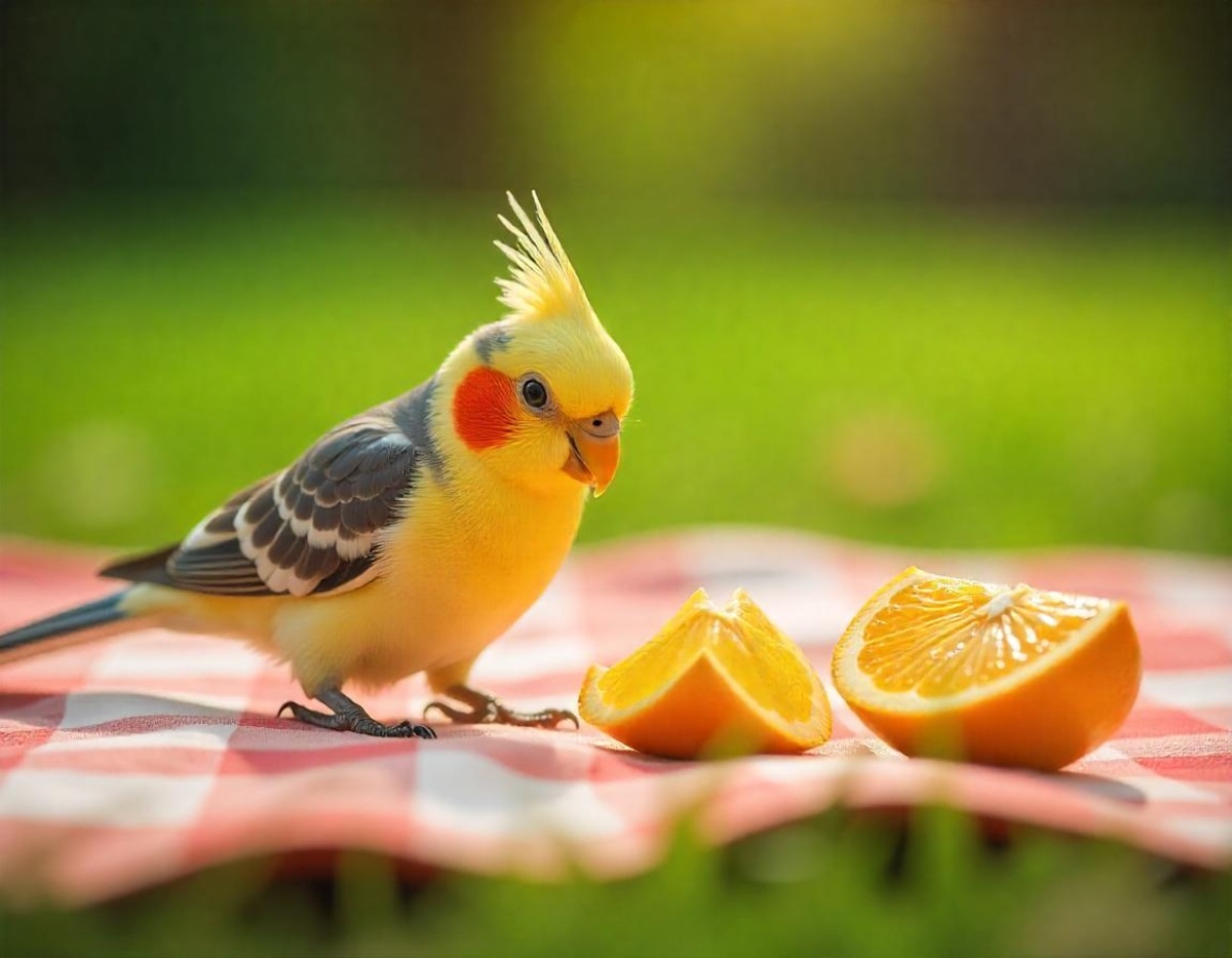 A baby cockatiel standing on a picnic blanket with mandarin slices next to it.