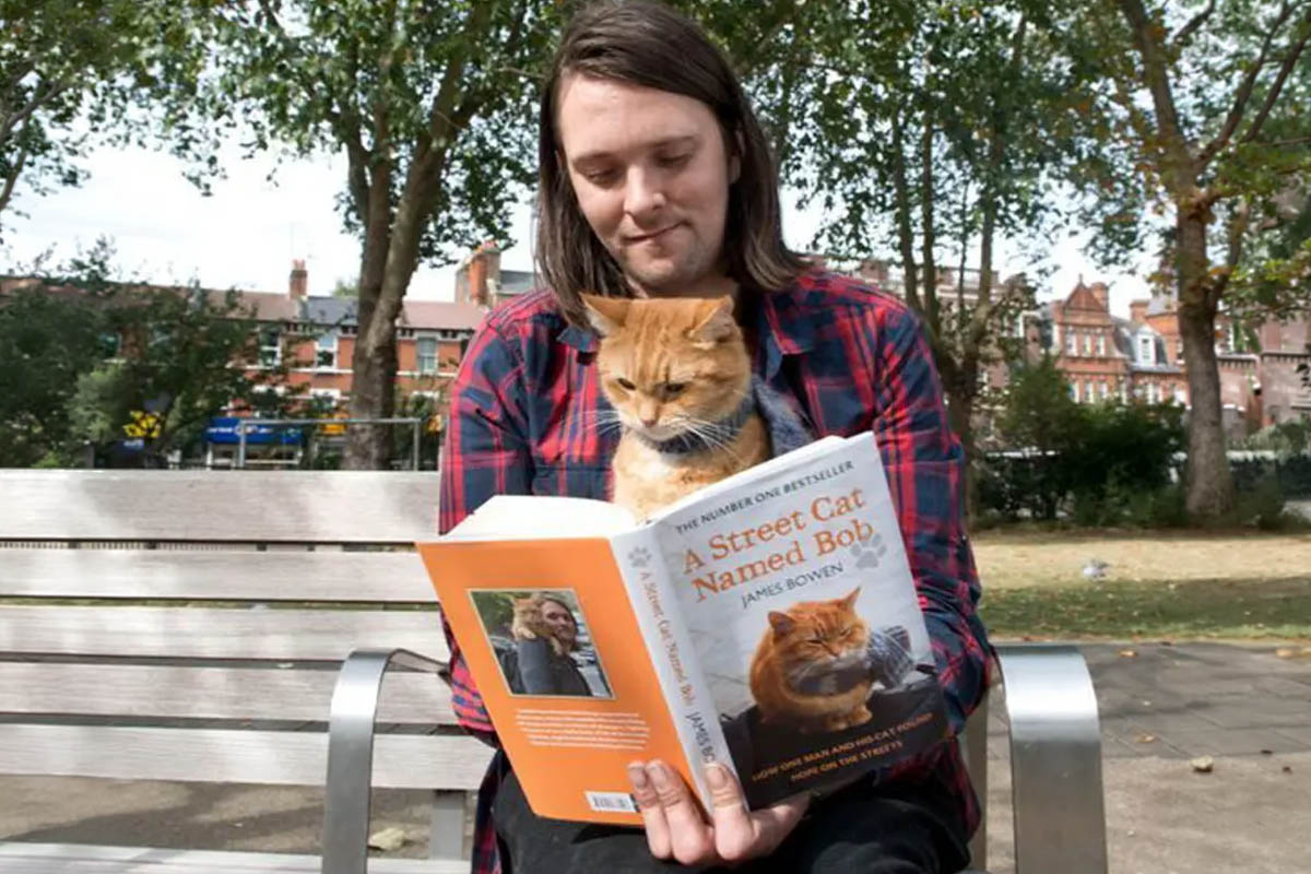 Street cat Bob in his owner's lap, looking at a book that tells his own story
