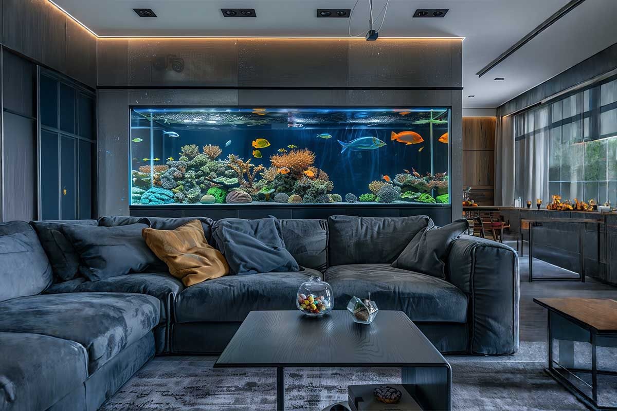 Large home aquarium decorated in shades of gray