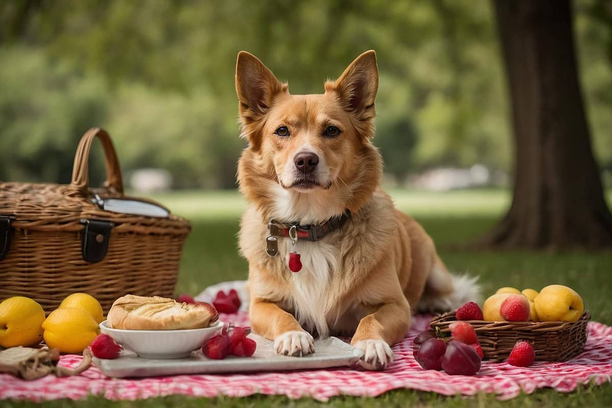 Dog sitting outdoors next to a picnic blanket and fruits