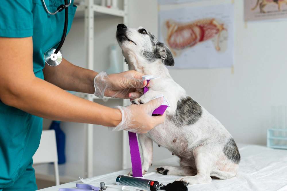 Elderly small breed dog receiving treatment