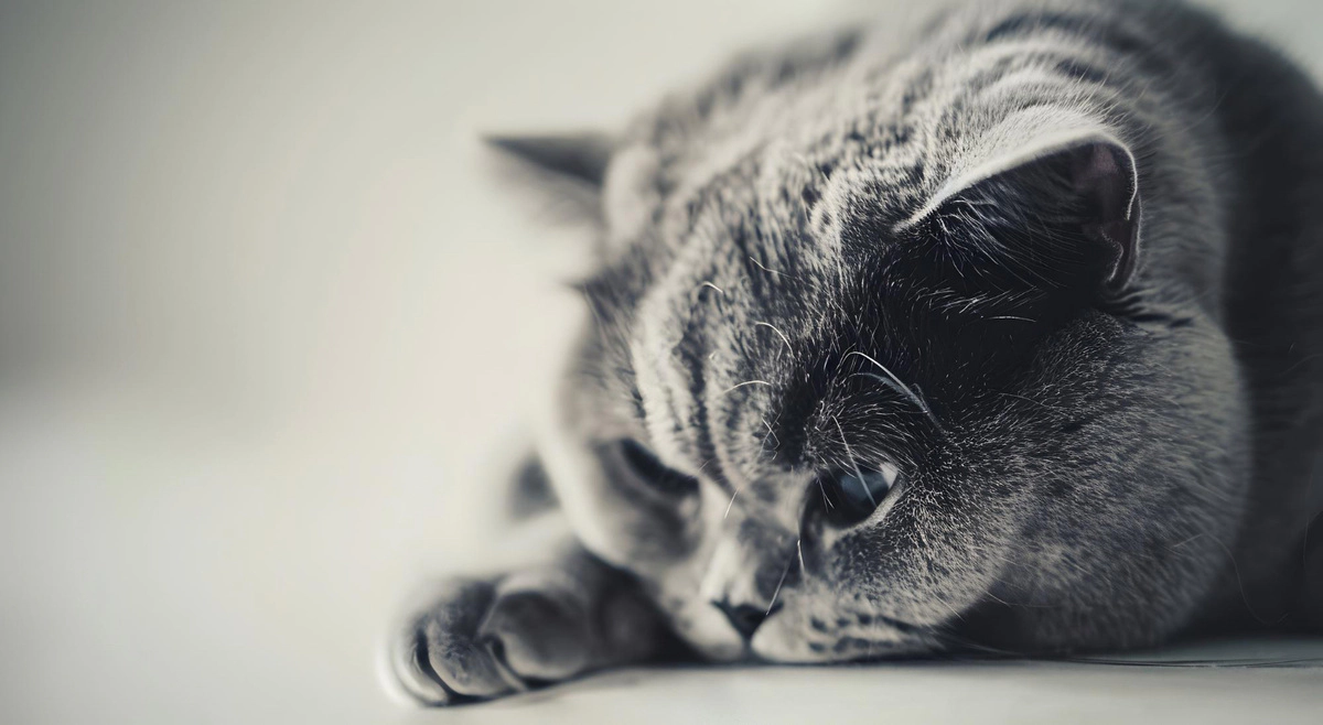 A grey cat lying listlessly