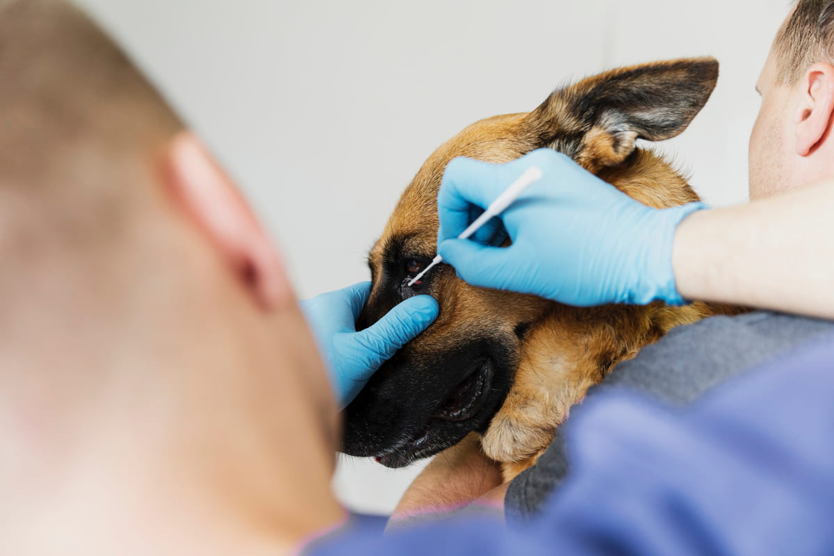 German Shepherd whose eye discharge has been checked by a veterinarian