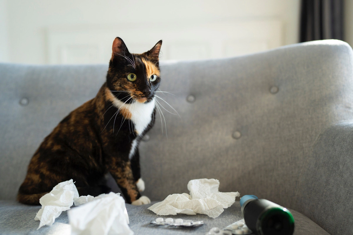 Cat sitting among medicines and tissues on the sofa