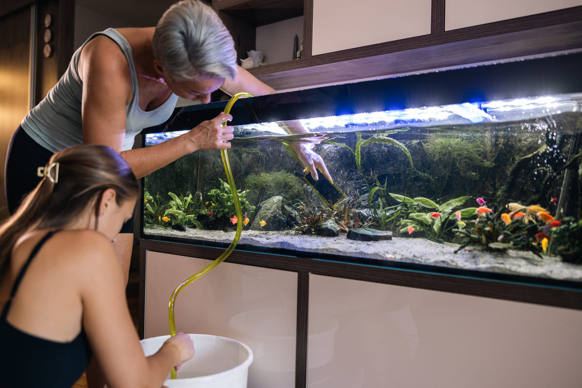 Women cleaning the aquarium