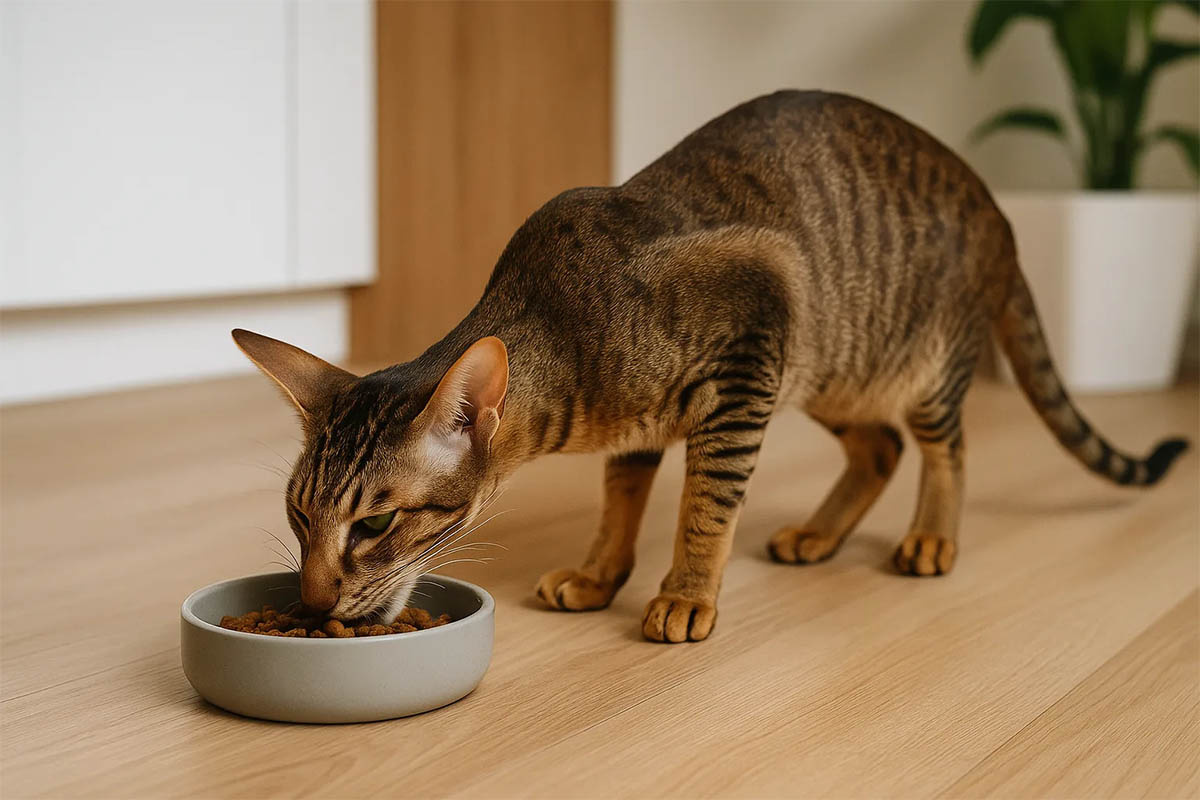 A tabby, oriental shorthair cat eating from its food bowl