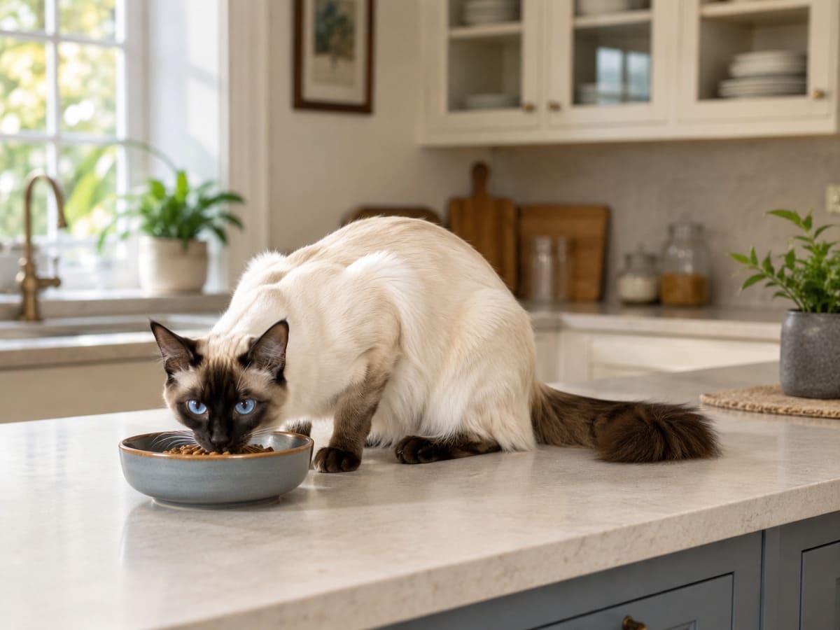 Long-haired Siamese eating food on the kitchen counter