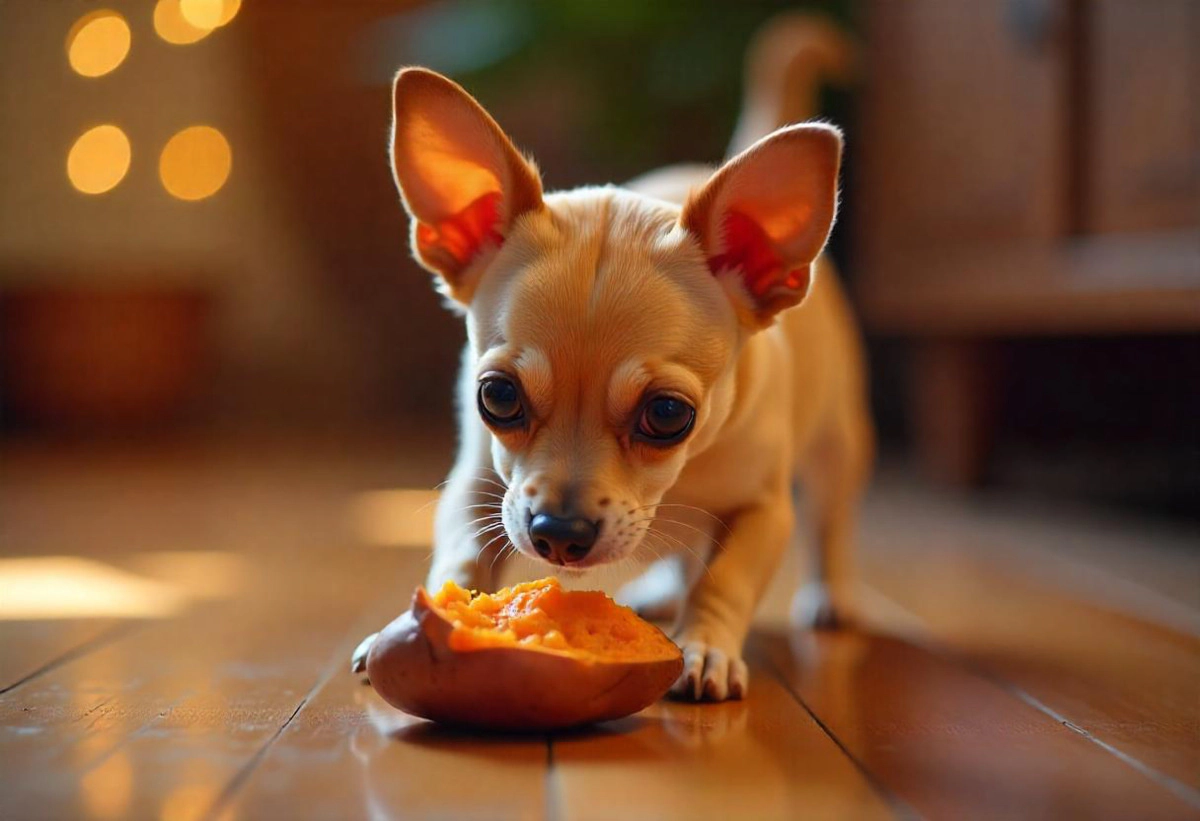 Small dog eating cooked sweet potatoes