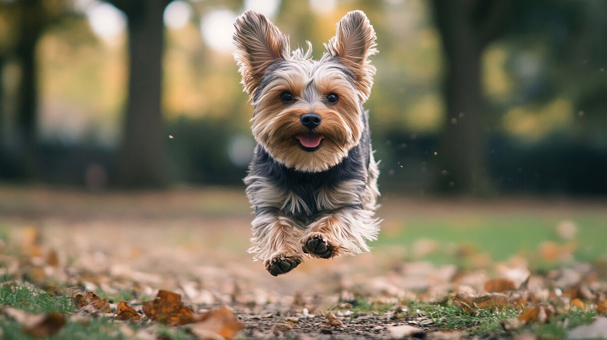 Yorkshire Terrier suddenly jumping forward while running outside