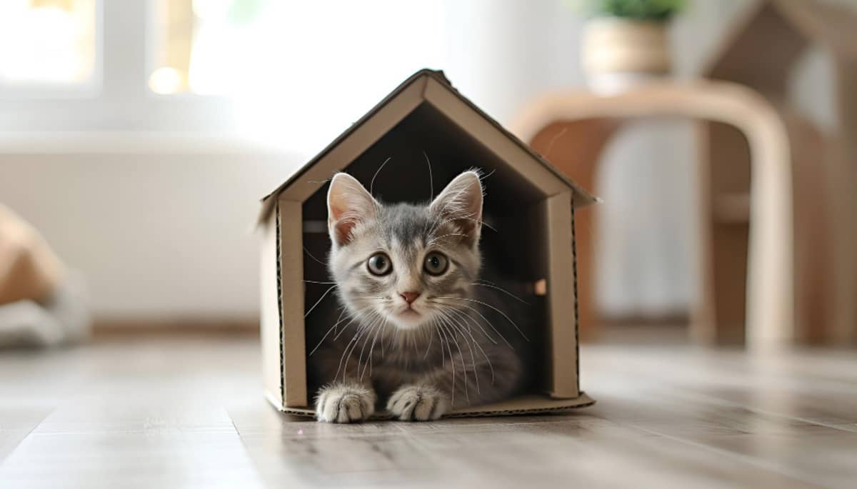 Kitten sitting in a cardboard house