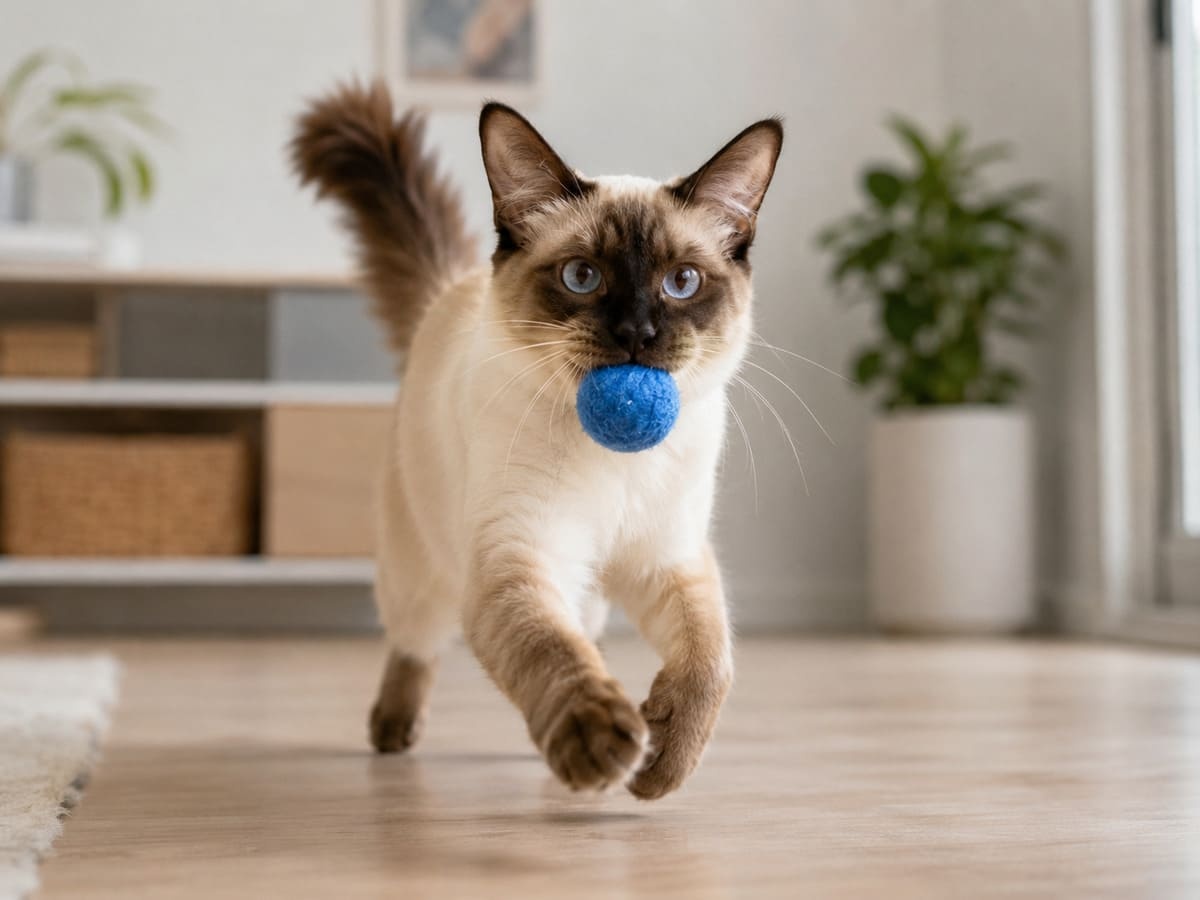 Young adult long-haired Siamese cat with a blue ball in its mouth