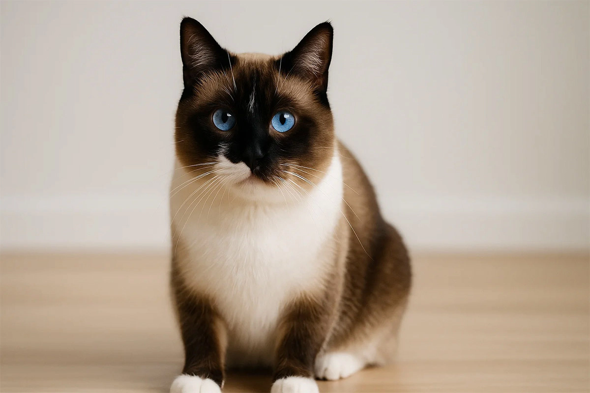 A curious-looking cat with white paws and blue eyes