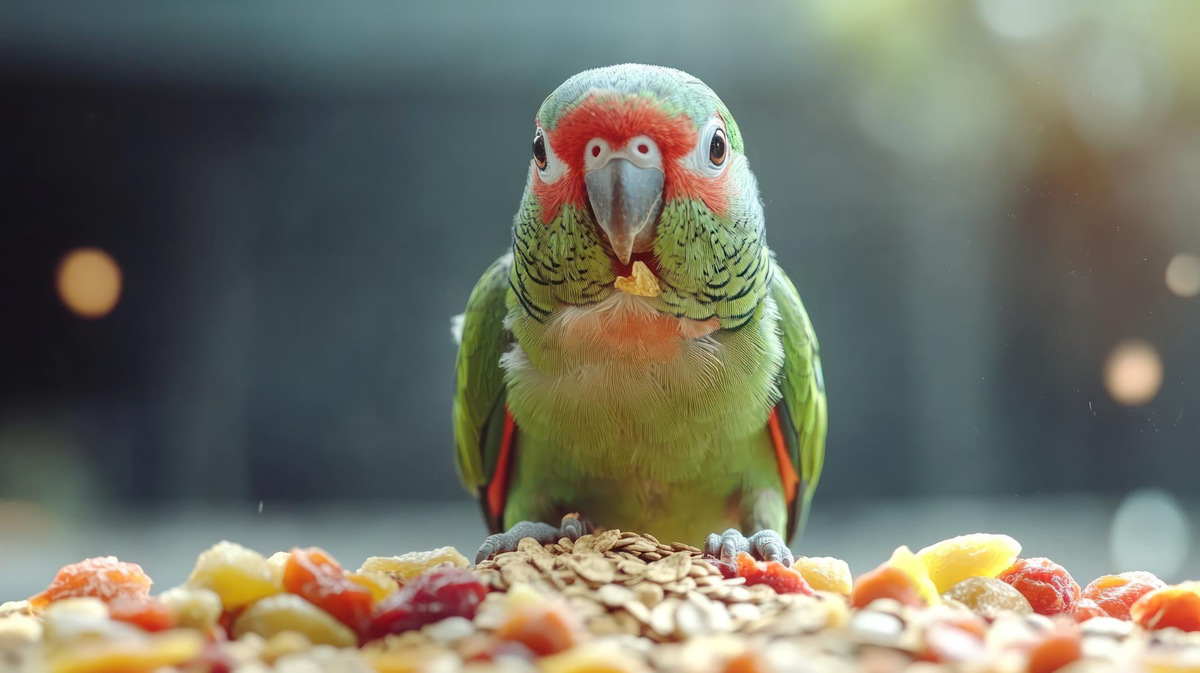 Predominantly green bird standing on food