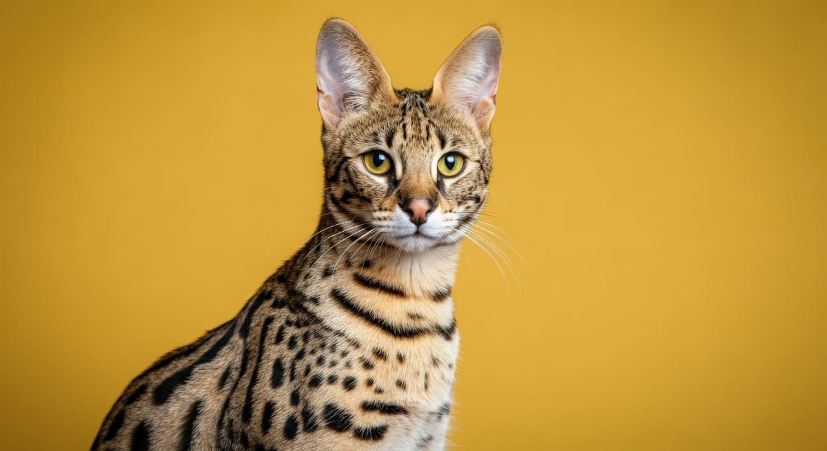 Savannah cat breed looking curious against a yellow background