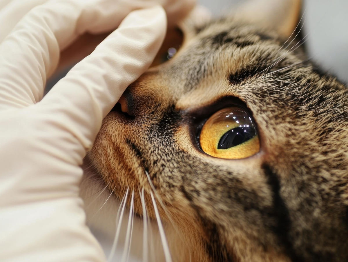 Human wearing gloves examining the cat's eye