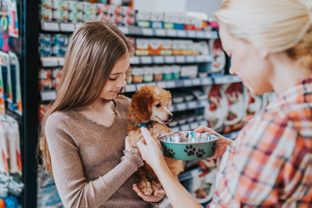Dog owner shopping at a pet shop