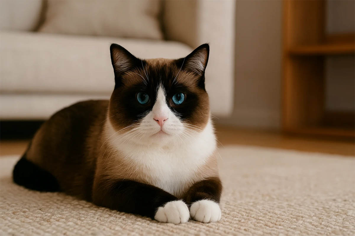 A Siamese-like cat with white paws Sitting on the carpet in a home environment