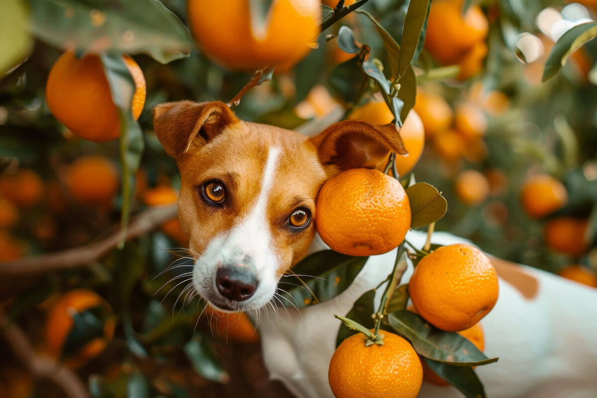 A puppy standing next to a tangerine branch