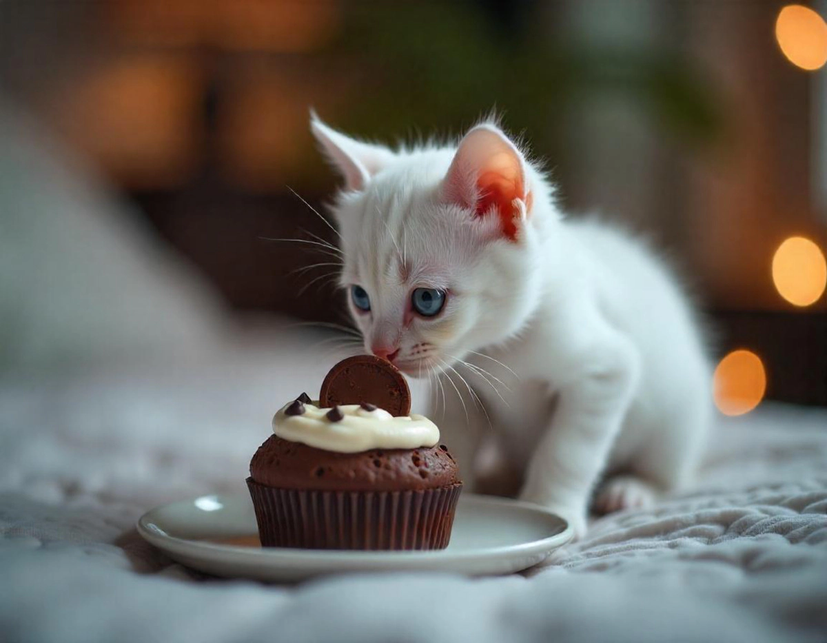 A white kitten with a chocolate cake in front of it