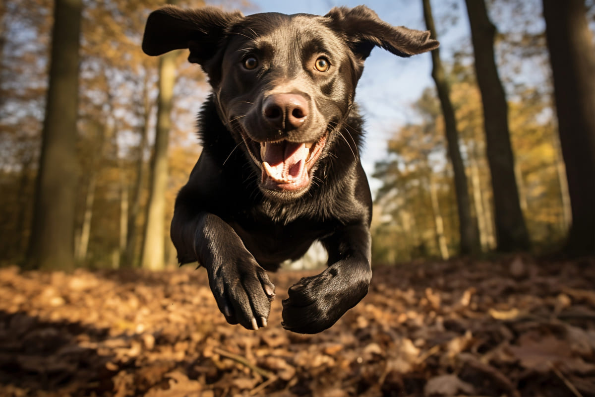 A black dog jumping, its face towards the frame