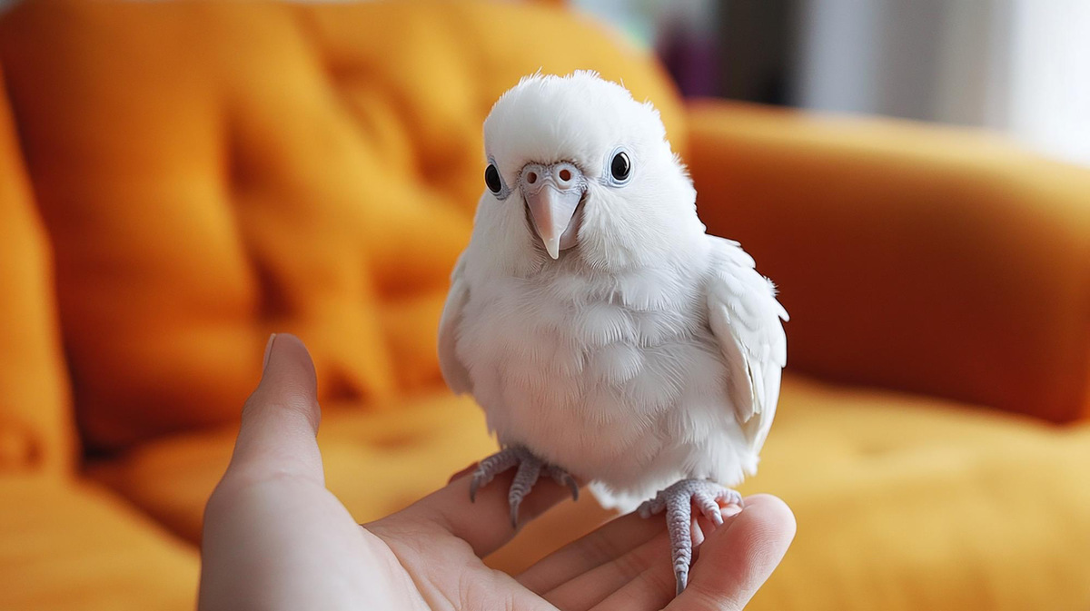 White baby bird perched in the palm of a hand