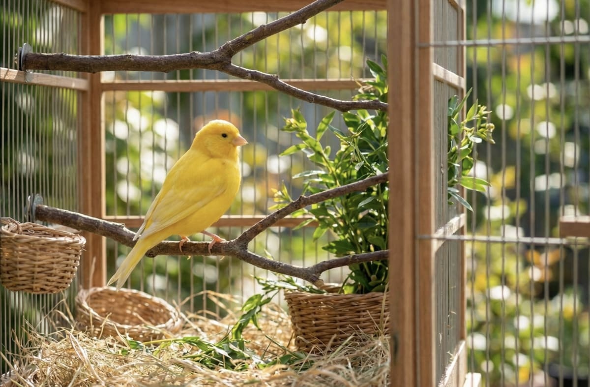 Canary perched on a tree branch in its large cage