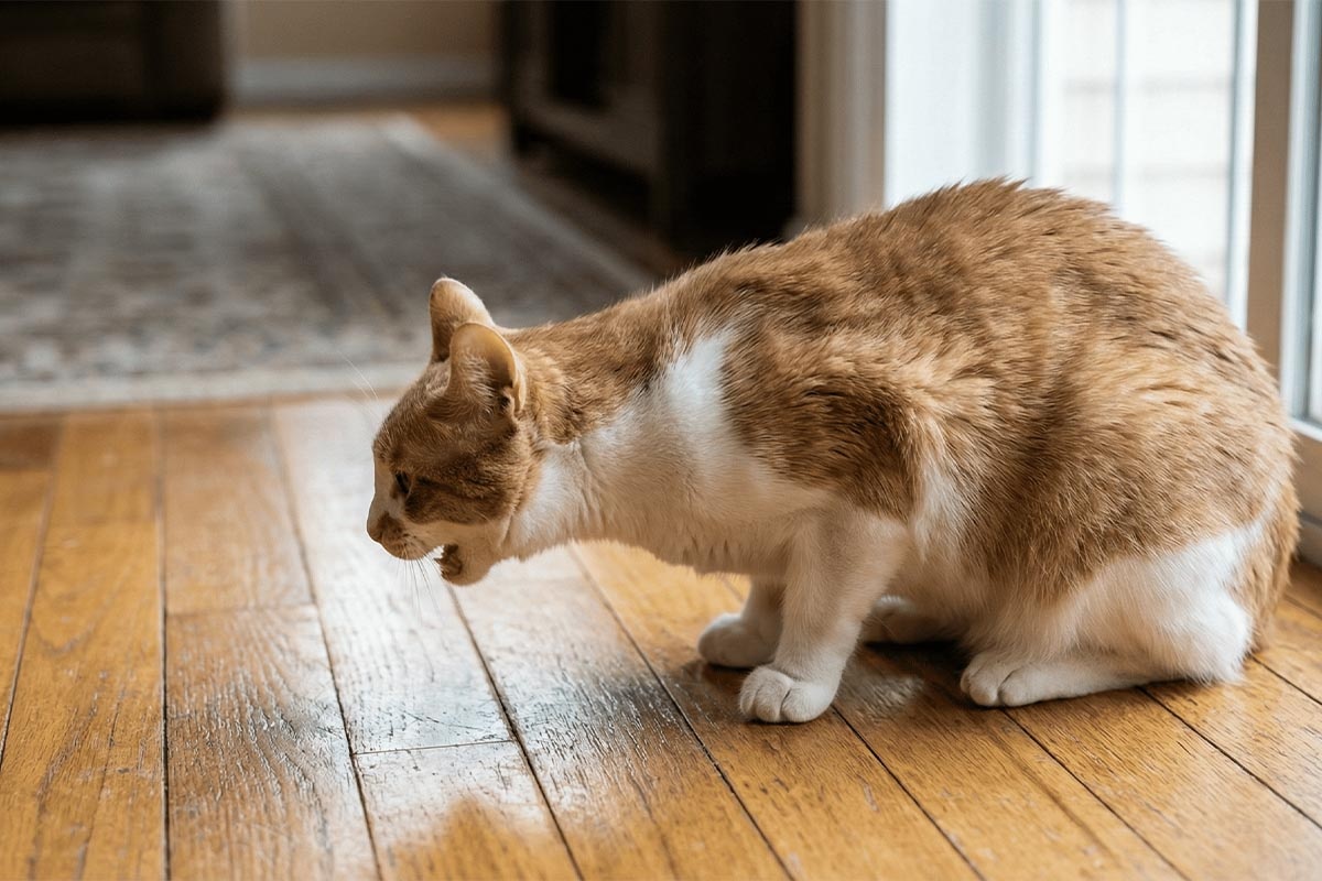 Cat bending over and gagging towards the parquet floor