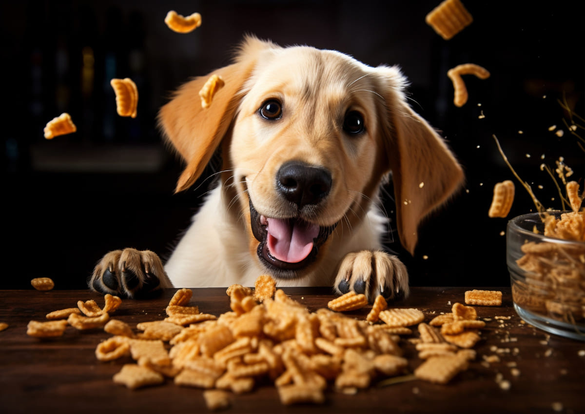Puppy looking at treats flying against a black background