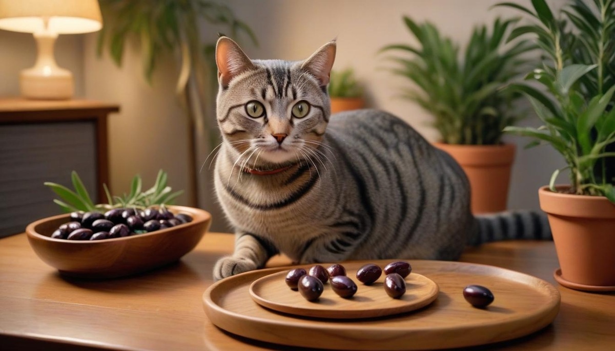 A tabby cat sitting next to plates of olives