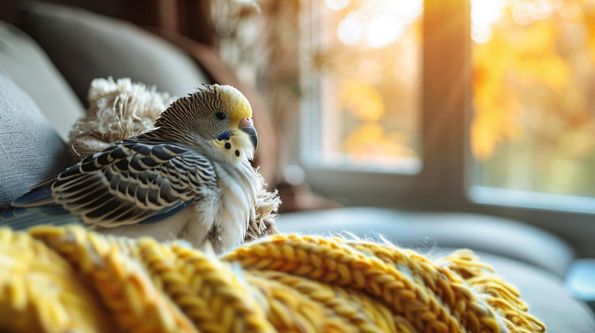 Bird perched on a blanket