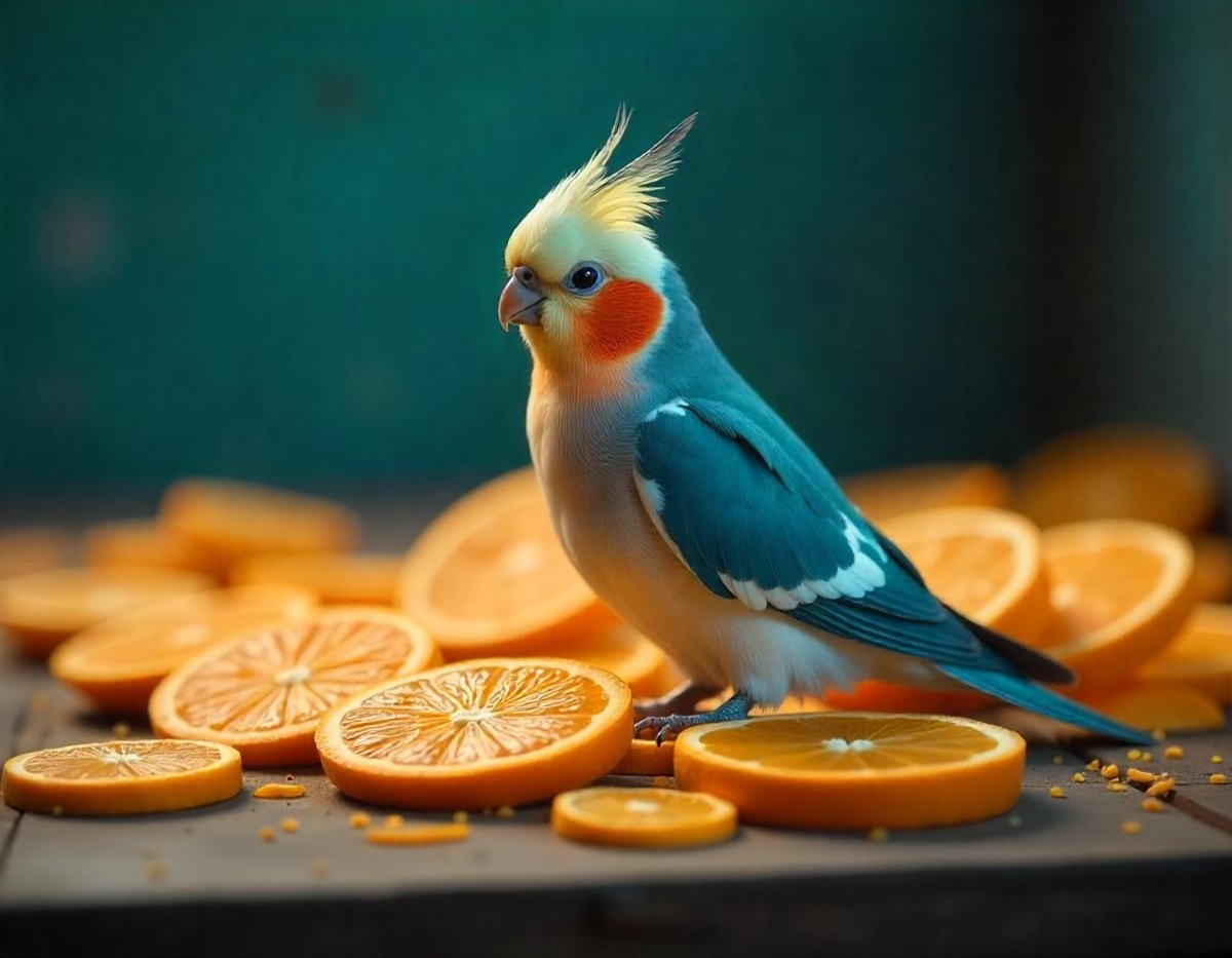 A cockatiel standing in the middle of sliced mandarins