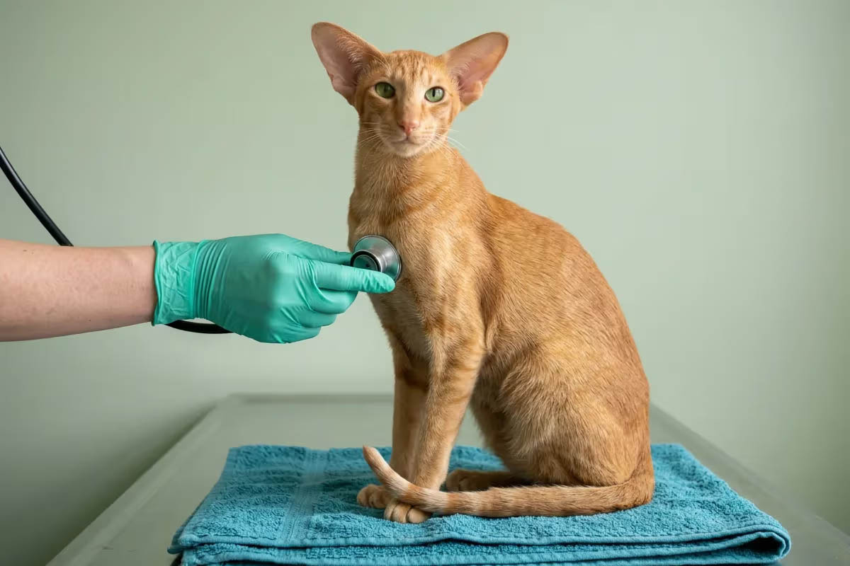 A tabby-looking cat with large ears and green eyes standing on a blue towel cat