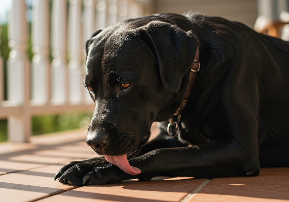 Black large breed dog licking its paw