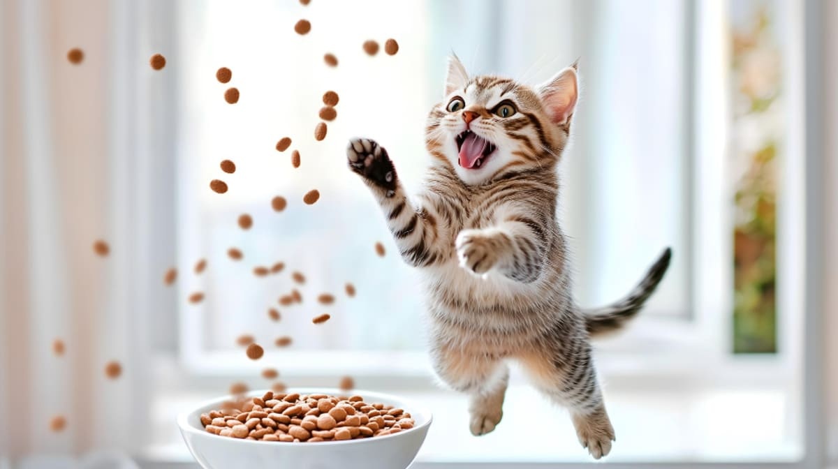 Kitten jumping at flying food pellets