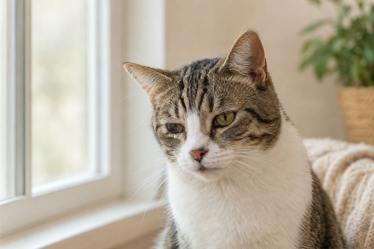 Tabby cat with a tear dripping from one eye