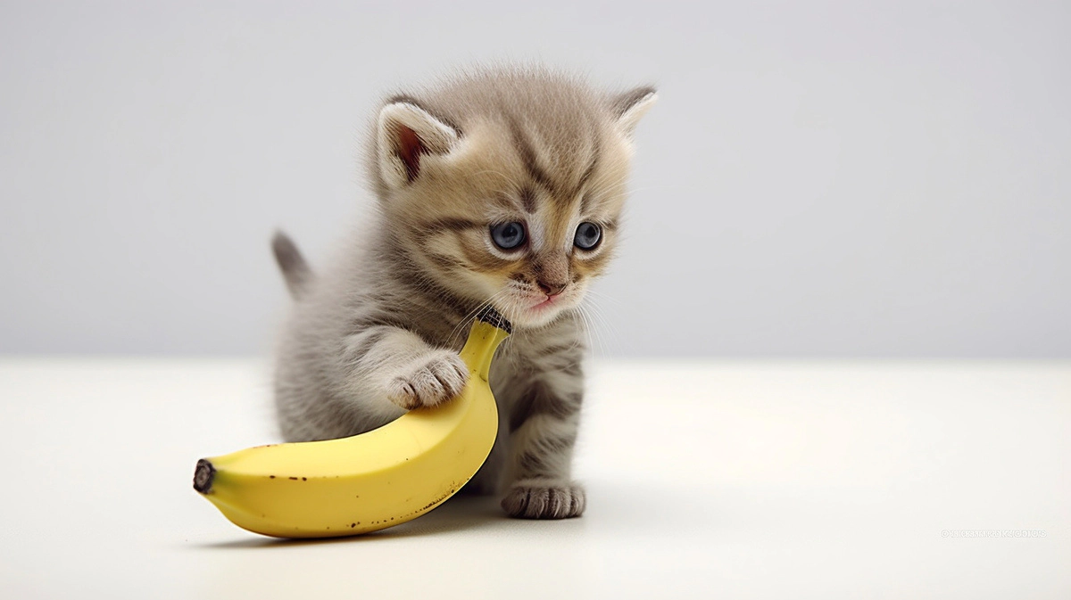 Kitten with its paw on a tiny banana