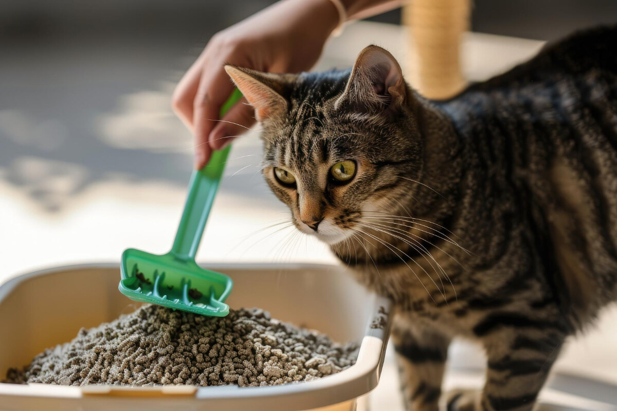 A tabby cat standing, its litter box being cleaned with a green scoop