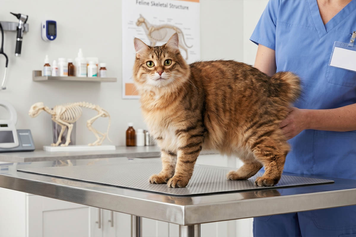 Long-haired American Bobtail at a veterinary examination