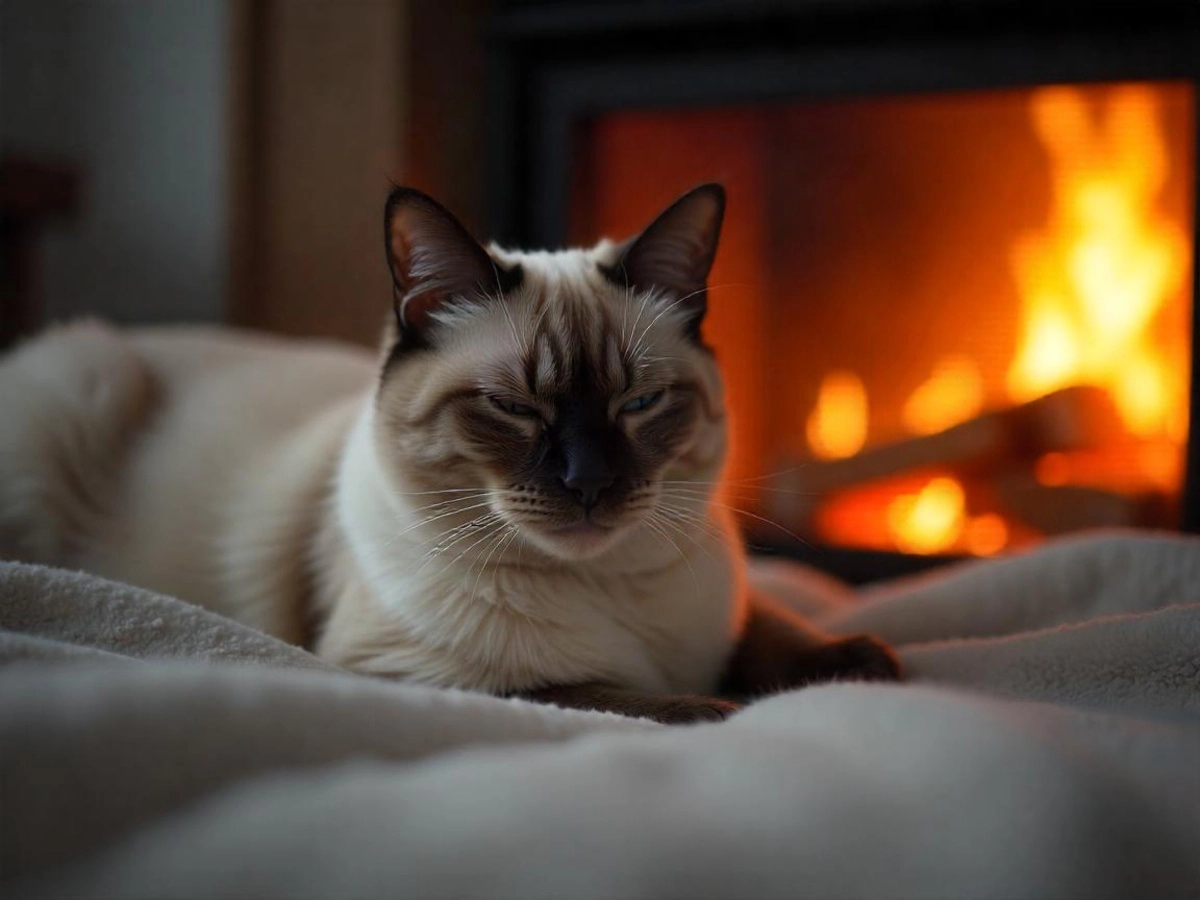 A cat with slightly narrowed eyes sitting in a room with a fireplace